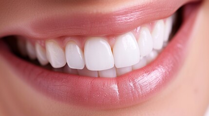 Nahaufnahme vom grinsenden Mund mit weißen Zähnen einer Frau, Zahngesundheit und Mundhygiene 