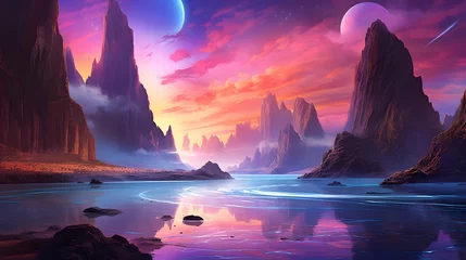 Fototapete Rund Fantasy alien planet. Mountain and lake. 3D illustration. © Iman