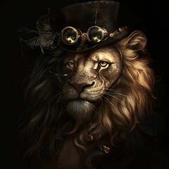 Lion King - A lion wearing a top hat and goggles, reminiscent of the popular animated film The Lion King. Generative AI - obrazy, fototapety, plakaty