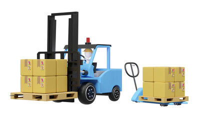 3d forklift with blue hand pallet truck goods cardboard box isolated. 3d illustration render