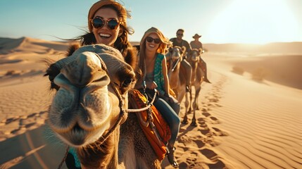 Exciting Desert Adventure Tourists Riding Camels in Sahara - obrazy, fototapety, plakaty