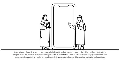 One continuous line of an Islamic people showing mobile screen for banner, poster, and greeting card.