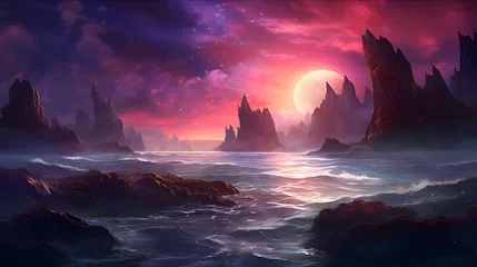 Türaufkleber Fantasy alien planet. Mountain and sea. 3D illustration. © Iman