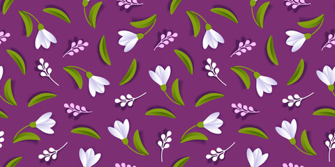 Spring flowers seamless Pattern with Snowdrop and leaves on a purple backdrop. Floral background for surface, wrapping paper, card, fabric. Vector illustration.