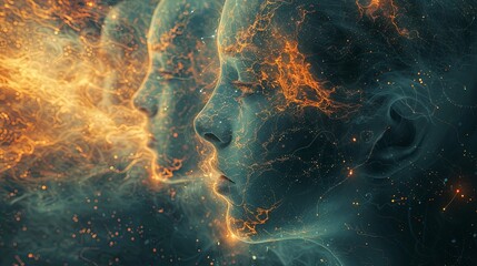 An abstract digital artwork presenting a human profile merging with the fiery and tranquil elements of a cosmic nebula, symbolizing the interconnectedness of life and the cosmos. - obrazy, fototapety, plakaty
