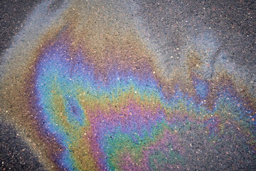 Oil petrol water pollution. Ecological disaster. Slick industry oil fuel spilling water pollution.