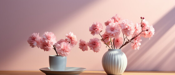 minimalist empty table features blooming pink Carnation flowers in a white ceramic vase on a warm light pink background created with Generative AI Technology