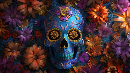 Dia de los Muertos Skull Decoration with Flower Decorations Generative AI
