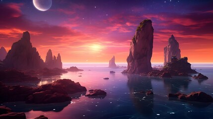 Fantasy alien planet. Mountain and sea. 3D illustration.