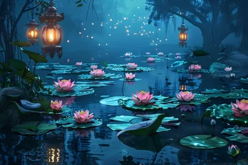 Foto op Canvas Floating Lily Pads A Magical Nighttime Experience Generative AI © bipul