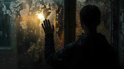 Person Contemplating Flickering Light Through Window on a Rainy Day - obrazy, fototapety, plakaty