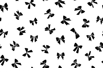 Seamless pattern of black gift bows, ribbons in doodle style, hand drawn. Black ribbon for fashion textile or wallpaper background. Vector 