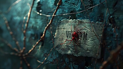 Red Spider Hanging on Wooden Stick in Sublime Typography Style - obrazy, fototapety, plakaty