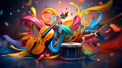 Colorful music background with violin and drum. 3d illustration.
