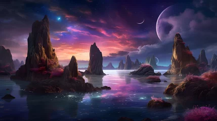 Kissenbezug Fantasy alien planet. Mountain and lake. 3D illustration. © Iman