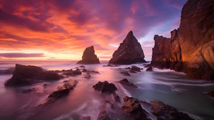 Fototapeten Panoramic seascape of rocky coastline at sunset. Long exposure. © Iman