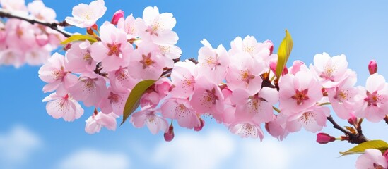 A branch of a cherry tree with vibrant pink flowers blossoming against a clear blue sky. The delicate beauty of the flowers stands out against a white background in the midst of summer.