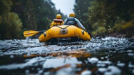 Two Men Paddling a Yellow Raft on a River - obrazy, fototapety, plakaty