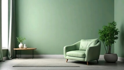 Minimalist and modern interior of living room with light green armchair.