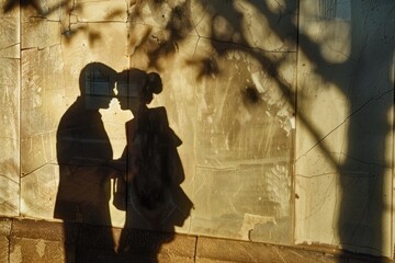 The shadows of two people kissing cast on a textured wall.