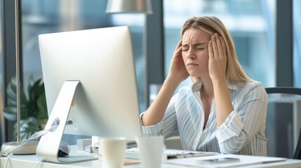 Girl in the office, has a headache, touches her temples with her fingers, has a migraine