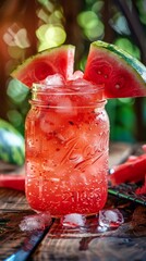 Refreshing watermelon milkshake, in a glass jar