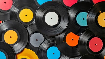 many vinyl records in many different colours - obrazy, fototapety, plakaty