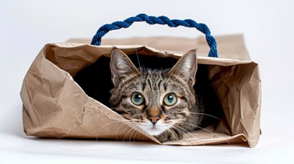 Cat hiding inside a brown paper bag, cat peeking out its head