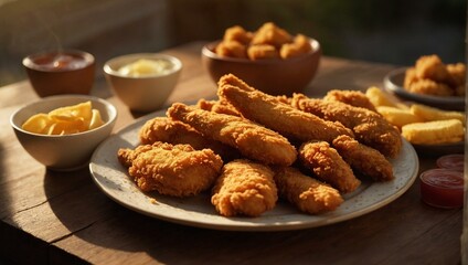 fried chicken nuggets, delicious crispy chicken tenders served on a rustic plate with dips and a drink in the background