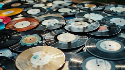 Vinyls, old black and colored records on a surface 