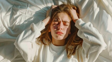 Top view photograph of girl lying in bed, she has migraine and headache