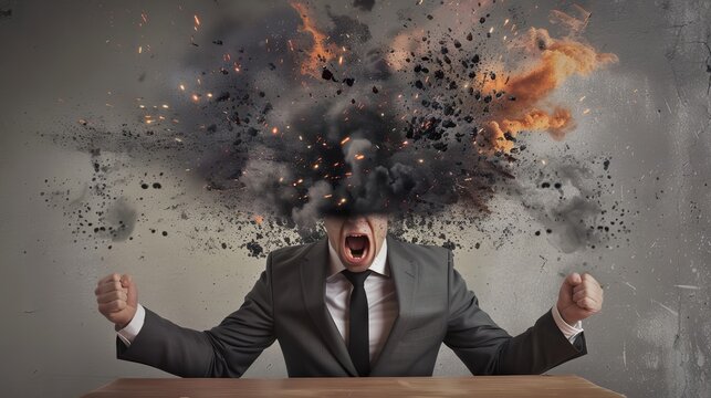 Concept of a man with a lot of stress who has an exploding head.