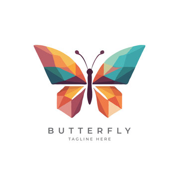 Colorful Polygonal butterfly, natural insect icon or logo. Vector illustration isolated on white background. Colorful geometric butterfly in origami style. 