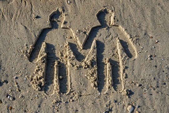 Sand drawing of two stylized figures holding hands on a beach, with pebbles around.