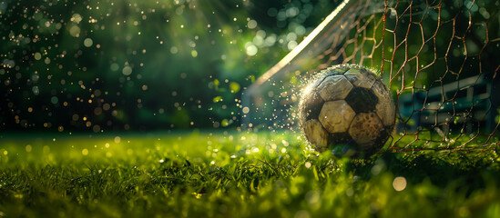 The soccer ball flew into the goal net. Green background with splashes. Bokeh effect. AI generative - obrazy, fototapety, plakaty
