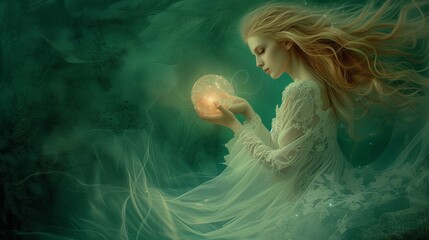 An ethereal lady with flowing, long blonde hair, gently holding a mysterious glowing orb, in a delicate lace white dress, on a dark emerald green canvas.