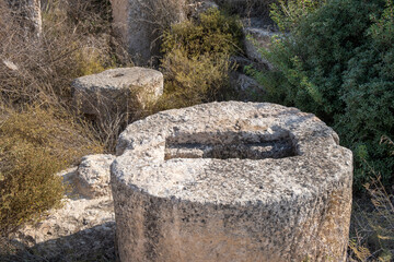 ancient stone millstones found at excavations, Judean Hills, Israel - 751194261