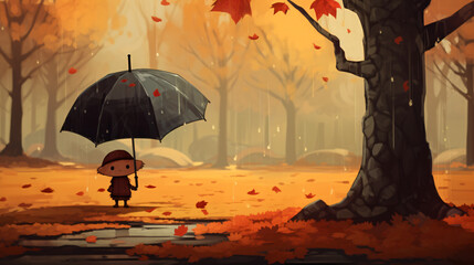 Lonely cute animated cartoon with an umbrella - obrazy, fototapety, plakaty