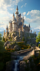 Magic castle on the rock and blue sky background. Fairy tale theme.