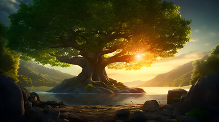 Fantasy landscape with big old tree on the river bank at sunset