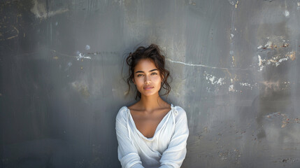 Fototapeta premium Portrait of a young Latin woman. Girl against a background of a gray wall. The girl looks at the camera. AI generative