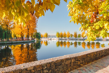 Obraz premium Fantastic morning promenade with autumn trees on the lake. Ternopil, Ukraine, Europe.