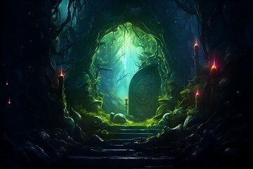 Zombie entrance to a creepy dark forest. Digital painting illustration. - obrazy, fototapety, plakaty