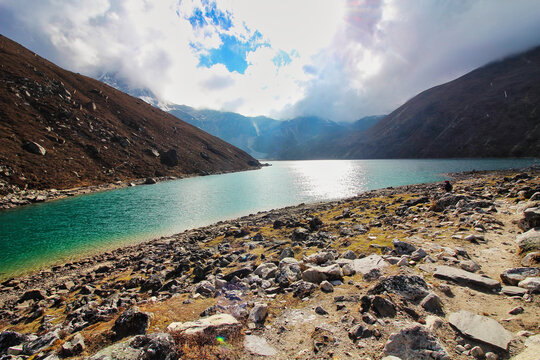The scintillating waters of the ethereal Gokyo Lake No 3, also called Dudh Pokhari or Gokyo Tsho where Gokyo village is located in the upper Khumbu region,Nepal