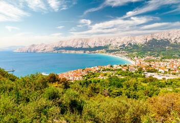 Fototapeta premium Splendid view of the city Baska on a sunny day. Krk island, Kvarner gulf, Croatia, Europe.