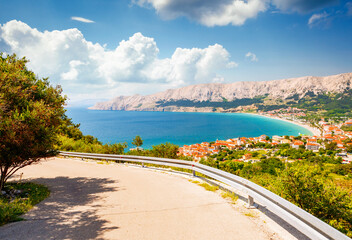 Splendid view of the city Baska on a sunny day. Krk island, Kvarner gulf, Croatia, Europe.