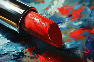 Red lipstick on canvas with paint strokes. Generated by artificial intelligence