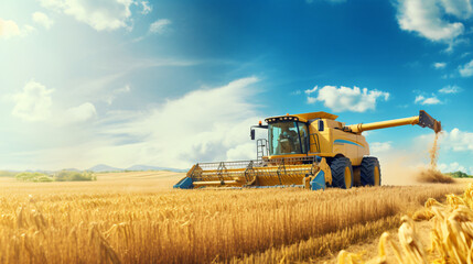 Machinery harvester collecting maize on field  - obrazy, fototapety, plakaty