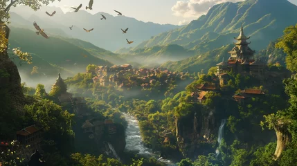 Foto op Aluminium A visual masterpiece capturing the dynamic interplay of mountain streams and villages, adorned by the enchanting flight of birds against a pristine backdrop. © The Image Studio