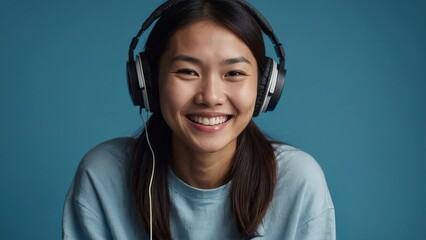 Smiling asian woman listening to music headset - positive and joyful - obrazy, fototapety, plakaty